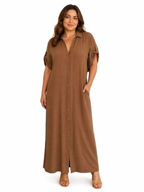 NWT House of Harlow 1960 brown maxi button down dress L summer quiet luxury